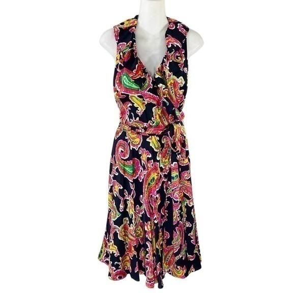 Lauren Ralph Lauren Dresses & Skirts - Ralph Lauren Black Pink Multi Paisley Silk Ruffle Wrap Dress 6 RR16
